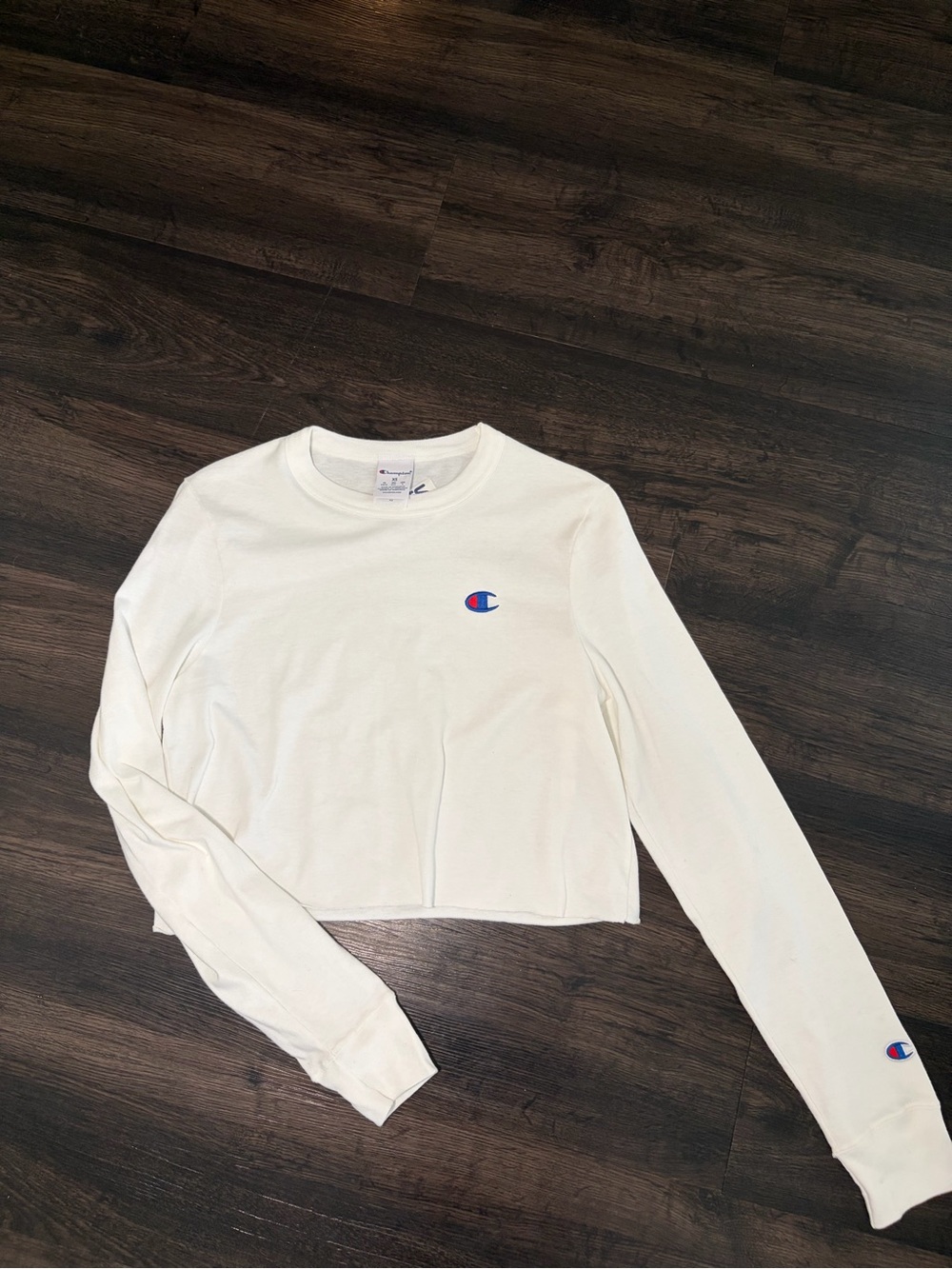 Champion White Cropped Long Sleeve Shirt with Logo